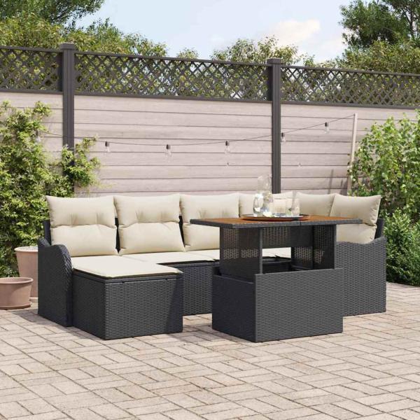 ARDEBO.de - 7-teiliges Garten Sofaset mit Kissen Schwarz Poly-Rattan Akazie, 2-Sitzer Garten Sofa mit Kissen Schwarz Poly-Rattan