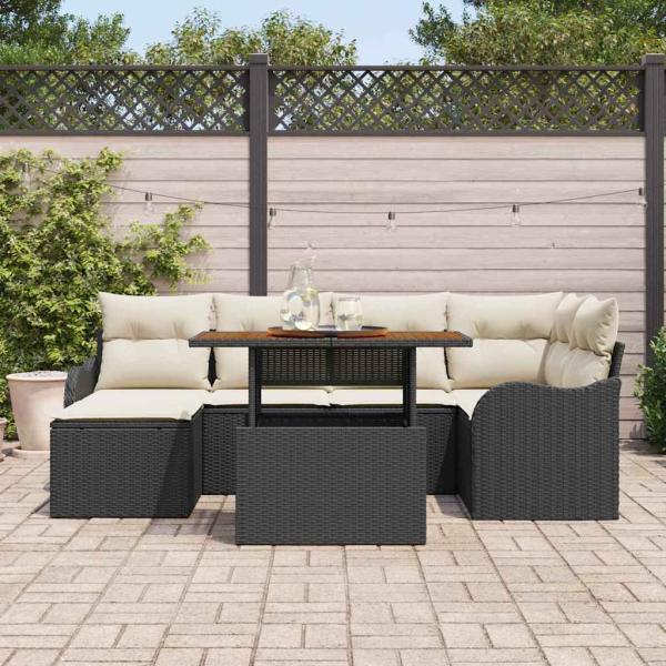 7-teiliges Garten Sofaset mit Kissen Schwarz Poly-Rattan Akazie, 2-Sitzer Garten Sofa mit Kissen Schwarz Poly-Rattan