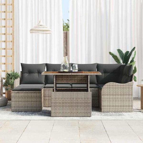 7-teiliges Garten Sofa Set mit Kissen Grau Poly Rattan Akazie, 2-Sitzer Garten Sofa mit Kissen Grau Poly Rattan