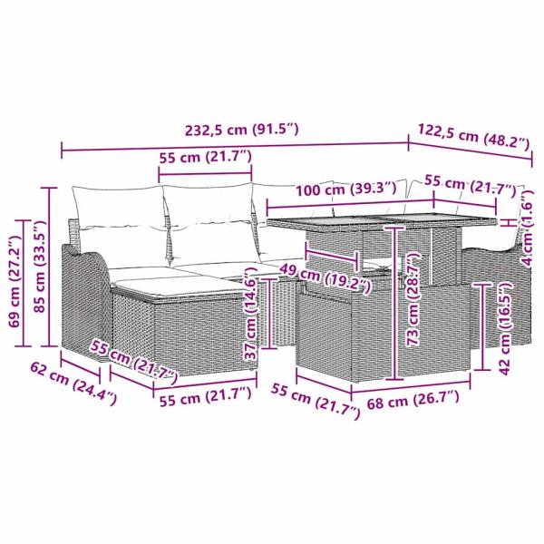 7-teiliges Garten Sofa Set mit Kissen Beige Poly Rattan Akazie, 2-Sitzer Garten Sofa mit Kissen Beige Poly Rattan