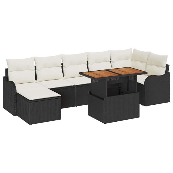 8-teiliges Garten Sofa Set mit Kissen, schwarzes Poly-Rattan Akazie, 2-Sitzer Garten Sofa mit Kissen, schwarzes Poly-Rattan