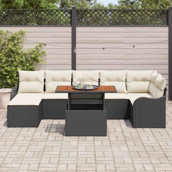 8-teiliges Garten Sofa Set mit Kissen, schwarzes Poly-Rattan Akazie, 2-Sitzer Garten Sofa mit Kissen, schwarzes Poly-Rattan