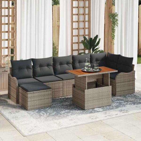 ARDEBO.de - 8-teiliges Garten Sofa Set mit Kissen Grau Poly Rattan Akazie, 2-Sitzer Garten Sofa mit Kissen Grau Poly Rattan