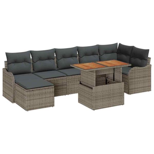 8-teiliges Garten Sofa Set mit Kissen Grau Poly Rattan Akazie, 2-Sitzer Garten Sofa mit Kissen Grau Poly Rattan