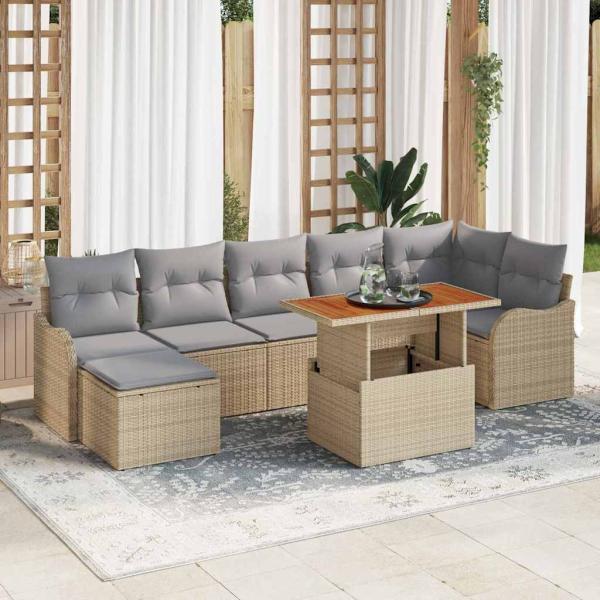 ARDEBO.de - 8-teiliges Garten Sofa Set mit Kissen in Beige, Poly Rattan und Akazie, 2-Sitzer Garten Sofa mit Kissen in Beige, Poly Rattan