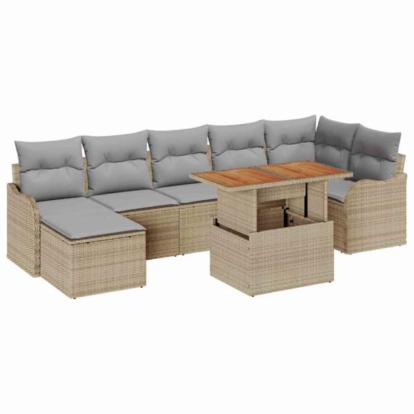8-teiliges Garten Sofa Set mit Kissen in Beige, Poly Rattan und Akazie, 2-Sitzer Garten Sofa mit Kissen in Beige, Poly Rattan