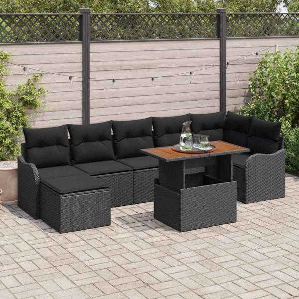 ARDEBO.de - 8-teiliges Garten-Sofa-Set mit Kissen in Schwarz aus Poly Rattan Akazie, 2-Sitzer Garten-Sofa mit Kissen in Schwarz aus Poly Rattan