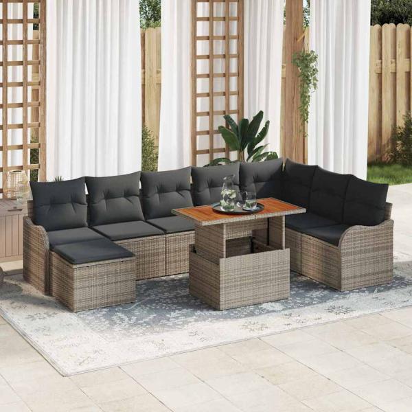 ARDEBO.de - 9tlg. Garten Sofa Set mit Kissen Grau Poly Rattan Akazie, 2-Sitzer Garten Sofa mit Kissen Grau Poly Rattan