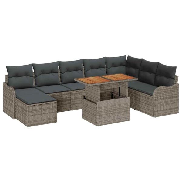 9tlg. Garten Sofa Set mit Kissen Grau Poly Rattan Akazie, 2-Sitzer Garten Sofa mit Kissen Grau Poly Rattan