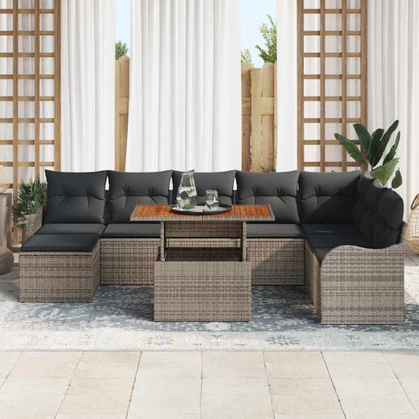 9tlg. Garten Sofa Set mit Kissen Grau Poly Rattan Akazie, 2-Sitzer Garten Sofa mit Kissen Grau Poly Rattan