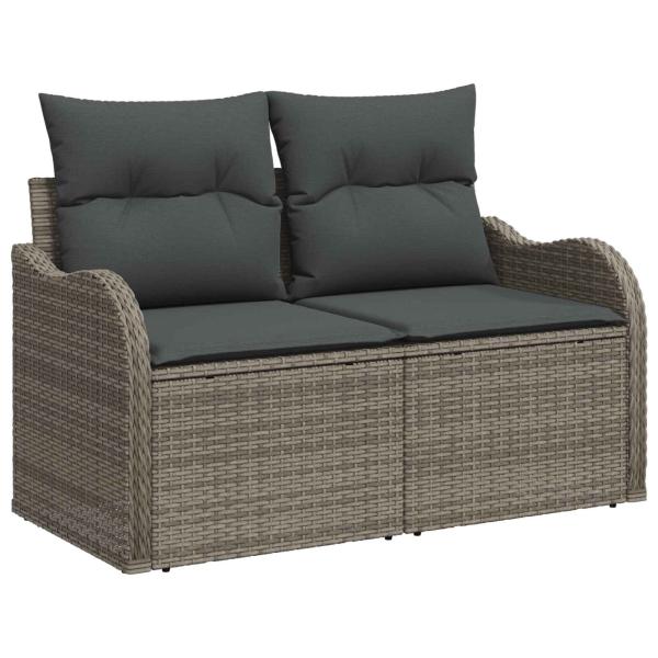 9tlg. Garten Sofa Set mit Kissen Grau Poly Rattan Akazie, 2-Sitzer Garten Sofa mit Kissen Grau Poly Rattan