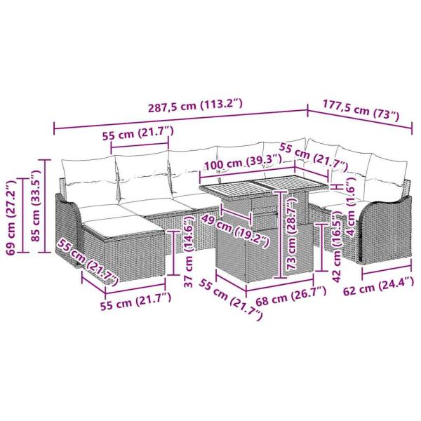 9tlg. Garten Sofa Set mit Kissen Grau Poly Rattan Akazie, 2-Sitzer Garten Sofa mit Kissen Grau Poly Rattan