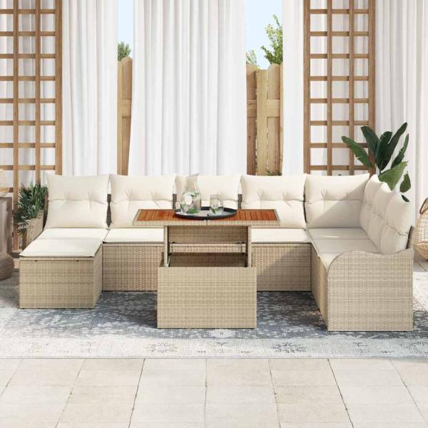 9-teiliges Garten Sofa Set mit Kissen Beige Poly Rattan Akazie, 2-Sitzer Garten Sofa mit Kissen Beige Poly Rattan