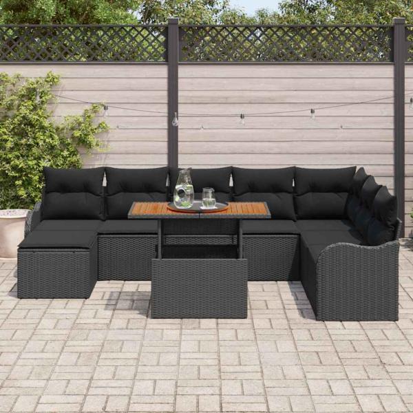 9-teiliges Garten Sofaset mit Kissen Schwarz Poly-Rattan Akazie, 2-Sitzer Garten Sofaset mit Kissen Schwarz Poly-Rattan