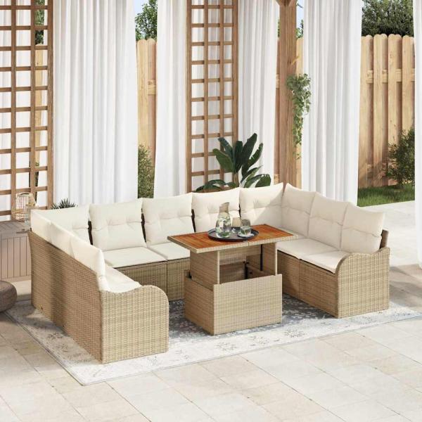 ARDEBO.de - 10-teiliges Garten Sofa Set mit Kissen Beige Poly Rattan Akazie, 2-Sitzer Garten Sofa mit Kissen Beige Poly Rattan