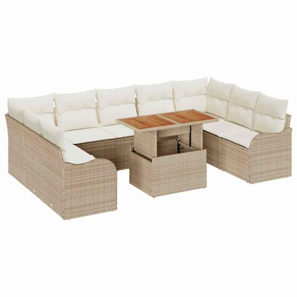 10-teiliges Garten Sofa Set mit Kissen Beige Poly Rattan Akazie, 2-Sitzer Garten Sofa mit Kissen Beige Poly Rattan