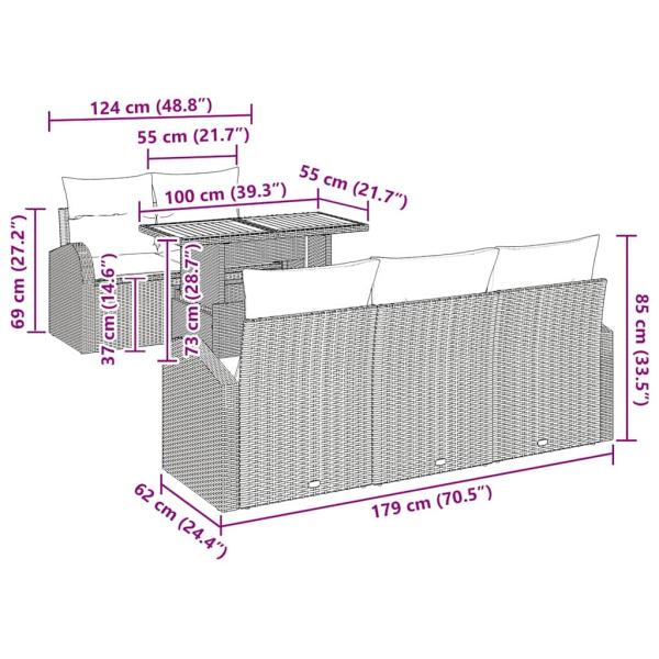 6-teiliges Garten-Ess-Set mit Kissen Grau Poly Rattan Akazie