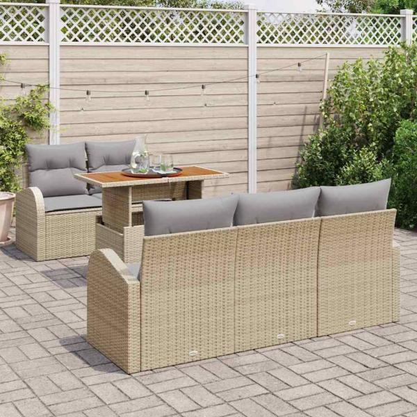 6-teiliges Garten Essset mit Kissen Beige Poly Rattan Akazie