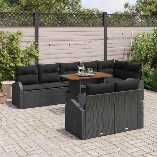 9-teiliges Garten-Dining-Set mit Kissen Schwarz Poly Rattan Akazie