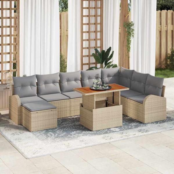 ARDEBO.de - 9-teiliges Garten Essset mit Kissen Beige Poly Rattan Akazie