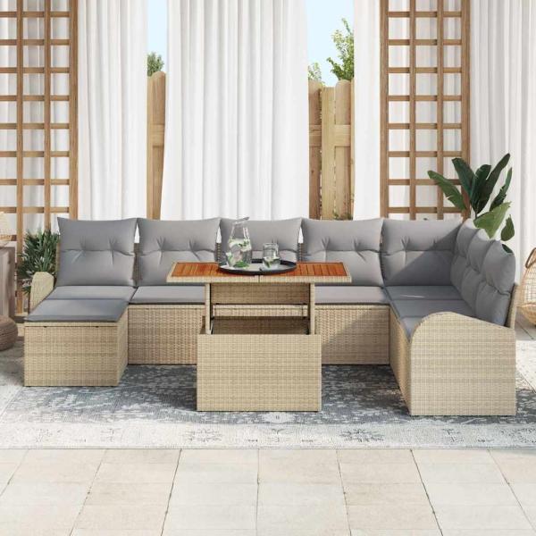 9-teiliges Garten Essset mit Kissen Beige Poly Rattan Akazie