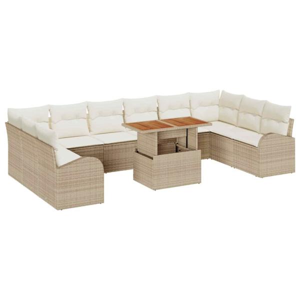 11-teiliges Garten Essset mit Kissen Beige Poly Rattan Akazie