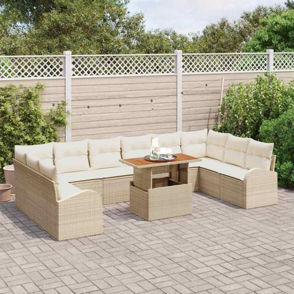 11-teiliges Garten Essset mit Kissen Beige Poly Rattan Akazie