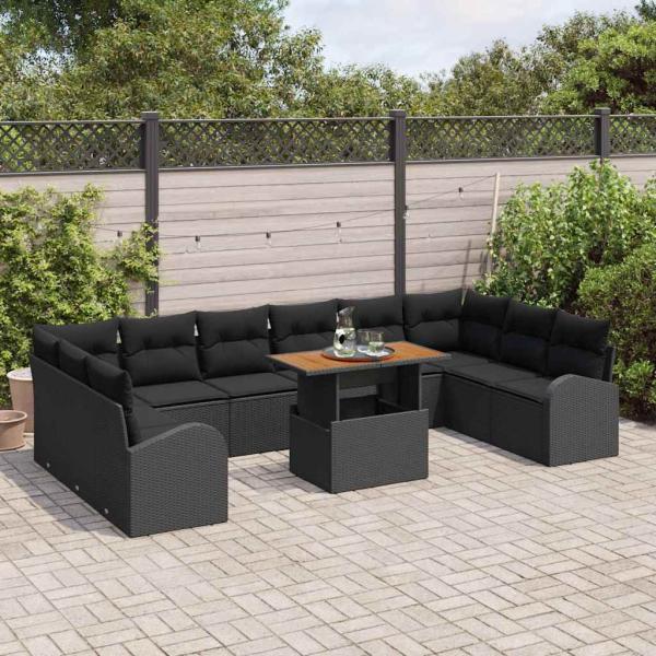 11-teiliges Garten-Esszimmer-Set mit Kissen Schwarz Poly-Rattan Akazie