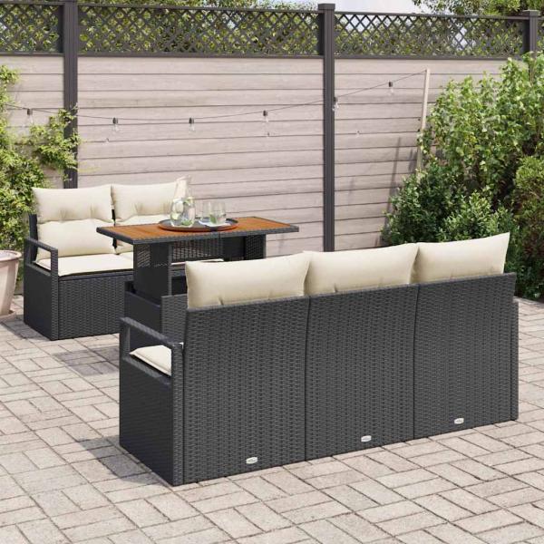 6-teiliges Garten-Sofa-Set mit Kissen Schwarzes Poly-Rattan Akazie, 2-Sitzer Garten-Sofa mit Kissen Schwarzes Poly-Rattan