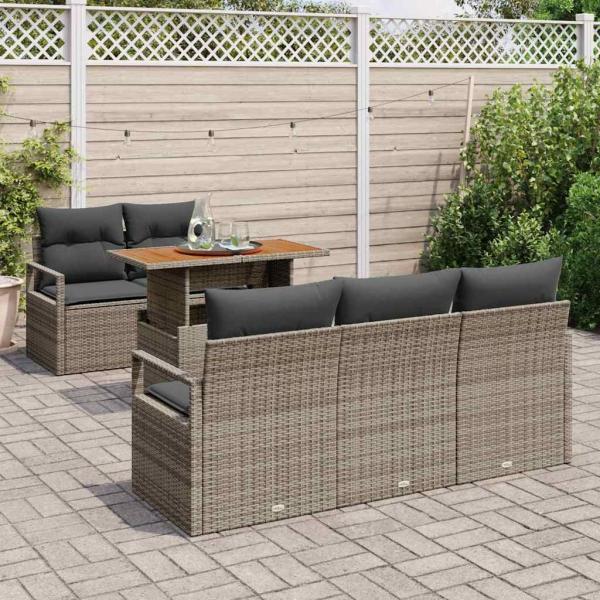6-teilige Garten Sofagarnitur mit Kissen Grau Poly Rattan Akazie, 2-Sitzer Garten Sofa mit Kissen Grau Poly Rattan