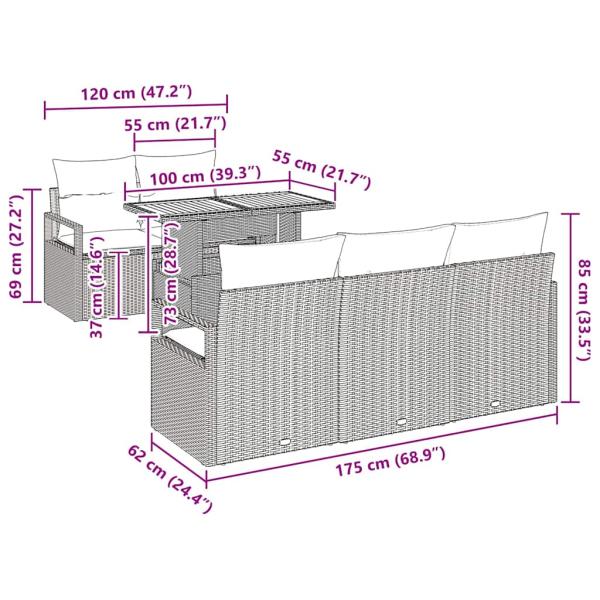 6-teiliges Garten-Sofa-Set mit Kissen Schwarz Poly-Rattan Akazie, 2-Sitzer Garten-Sofa mit Kissen Schwarz Poly-Rattan