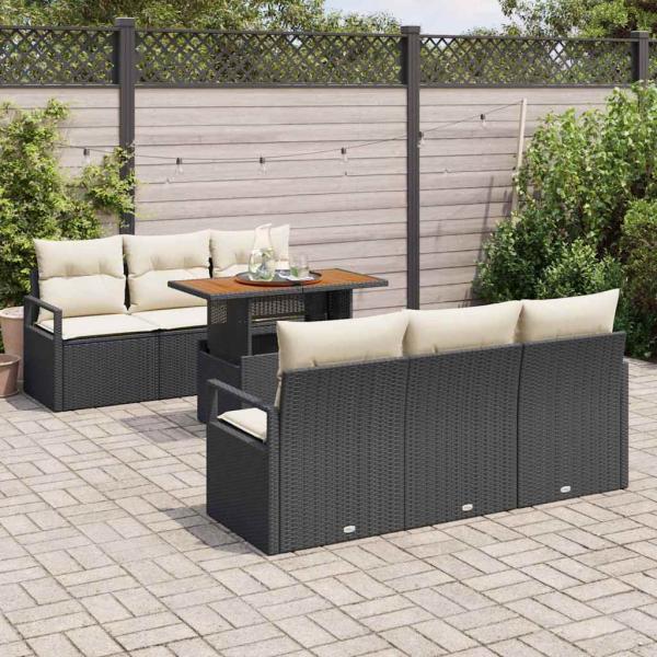 7-teiliges Garten-Sofa-Set mit Kissen Schwarz Poly Rattan Akazie, 2-Sitzer Garten-Sofa mit Kissen Schwarz Poly Rattan