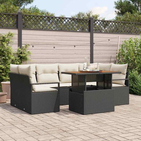 ARDEBO.de - 7-teiliges Garten-Sofa-Set mit Kissen Schwarz Poly-Rattan Akazie, 2-Sitzer Garten-Sofa mit Kissen Schwarz Poly-Rattan