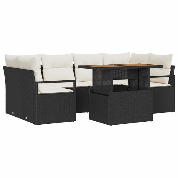 7-teiliges Garten-Sofa-Set mit Kissen Schwarz Poly-Rattan Akazie, 2-Sitzer Garten-Sofa mit Kissen Schwarz Poly-Rattan