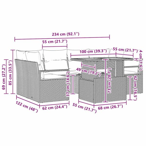 7-teiliges Garten-Sofa-Set mit Kissen Schwarz Poly-Rattan Akazie, 2-Sitzer Garten-Sofa mit Kissen Schwarz Poly-Rattan