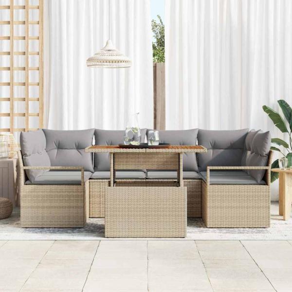 7-teiliges Garten Sofa Set mit Kissen Beige Poly Rattan Akazie, 2-Sitzer Garten Sofa mit Kissen Beige Poly Rattan