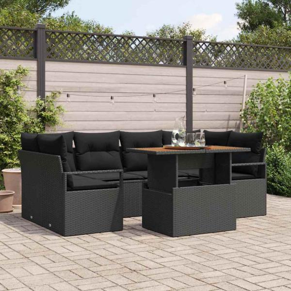 ARDEBO.de - 7-teiliges Garten Sofa Set mit Kissen Schwarz Poly Rattan Akazienholz, 2-Sitzer Garten Sofa mit Kissen Schwarz Poly Rattan