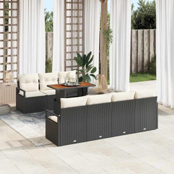 ARDEBO.de - 8-teiliges Garten-Sofa-Set mit Kissen Schwarz Poly Rattan Akazie, 2-Sitzer Garten-Sofa mit Kissen Schwarz Poly Rattan
