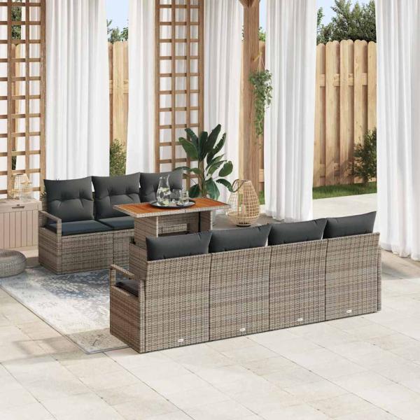 ARDEBO.de - 8-teiliges Garten Sofa Set mit Kissen Grau Poly Rattan Akazie, 2-Sitzer Garten Sofa mit Kissen Grau Poly Rattan
