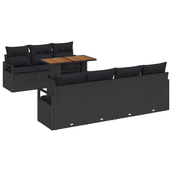 8-teiliges Garten Sofa Set mit Kissen Schwarz Poly Rattan Akazienholz, 2-Sitzer Garten Sofa mit Kissen Schwarz Poly Rattan