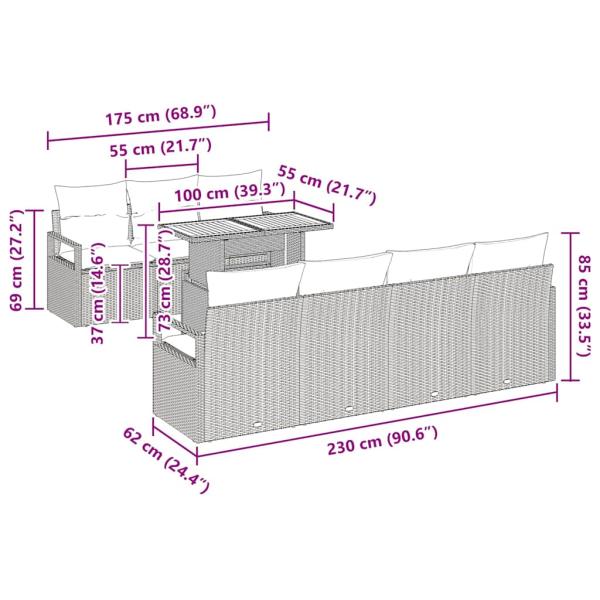8-teiliges Garten Sofa Set mit Kissen Schwarz Poly Rattan Akazienholz, 2-Sitzer Garten Sofa mit Kissen Schwarz Poly Rattan