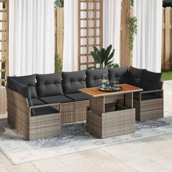 ARDEBO.de - 8-teiliges Garten-Sofa-Set mit Kissen Grau Poly-Rattan Akazie, 2-Sitzer Garten-Sofa mit Kissen Grau Poly-Rattan
