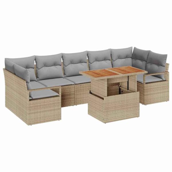 ARDEBO.de - 8-teiliges Garten Sofa Set mit Kissen Beige Poly Rattan Akazie, 2-Sitzer Garten Sofa mit Kissen Beige Poly Rattan