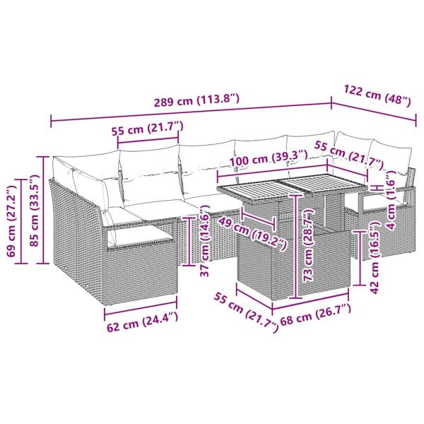 8-teiliges Garten Sofa Set mit Kissen Beige Poly Rattan Akazie, 2-Sitzer Garten Sofa mit Kissen Beige Poly Rattan