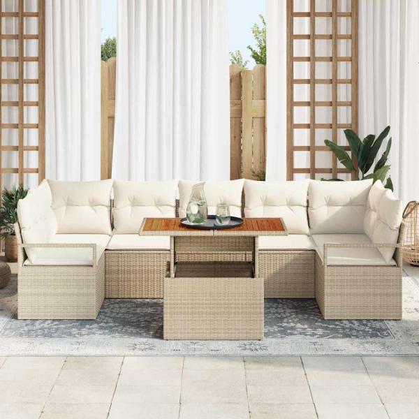 8-teiliges Garten Sofa Set mit Kissen Beige Poly Rattan Akazie, 2-Sitzer Garten Sofa mit Kissen Beige Poly Rattan