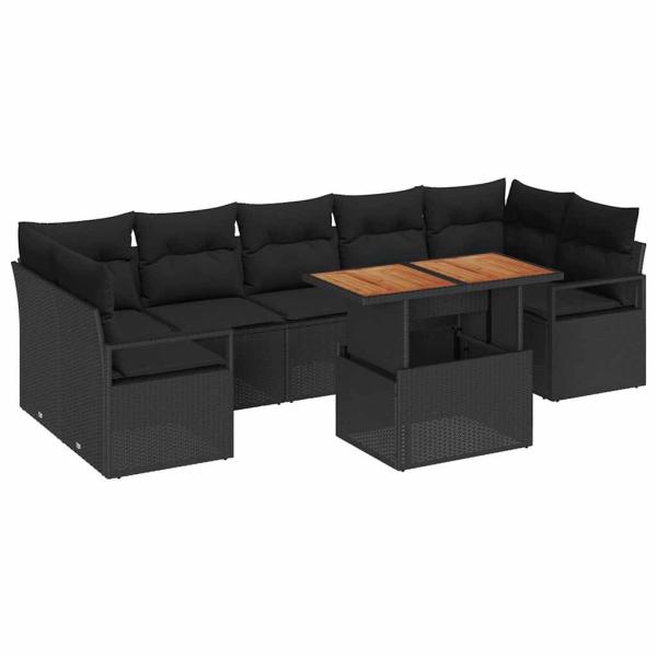 8-teiliges Garten Sofa Set mit Kissen Schwarz Poly Rattan Akazie, 2-Sitzer Garten Sofa mit Kissen Schwarz Poly Rattan