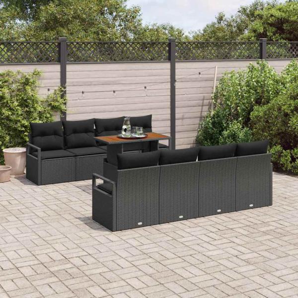 9-teiliges Garten-Sofa-Set mit Kissen Schwarz Poly-Rattan Akazie, 2-Sitzer Garten-Sofa mit Kissen Schwarz Poly-Rattan