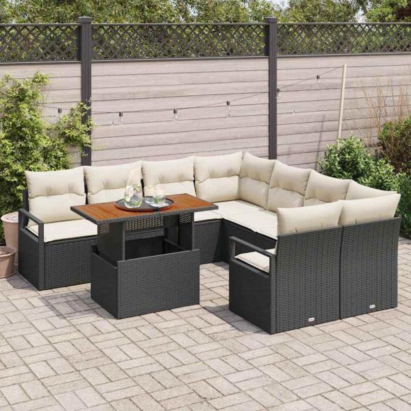 9 teiliges Garten Sofa-Set mit Kissen Schwarz Poly Rattan Akazie, 2-Sitzer Garten Sofa mit Kissen Schwarz Poly Rattan