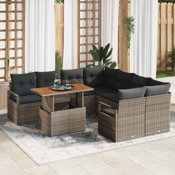 ARDEBO.de - 9-teiliges Garten-Sofa-Set mit Kissen Grau Poly Rattan Akazie, 2-Sitzer Garten-Sofa mit Kissen Grau Poly Rattan