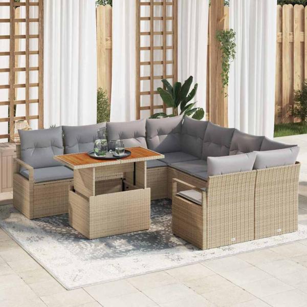 ARDEBO.de - 9-teiliges Garten Sofa Set mit Kissen Beiges Poly Rattan Akazie, 2-Sitzer Garten Sofa mit Kissen Beiges Poly Rattan